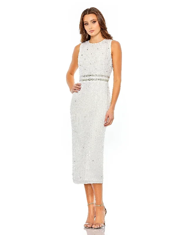 Sleeveless High Neck Beaded Midi Sheath Dress