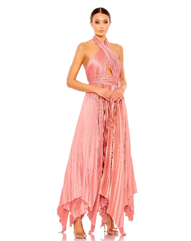 Pleated Halter Neck Asymmetrical Hem Gown