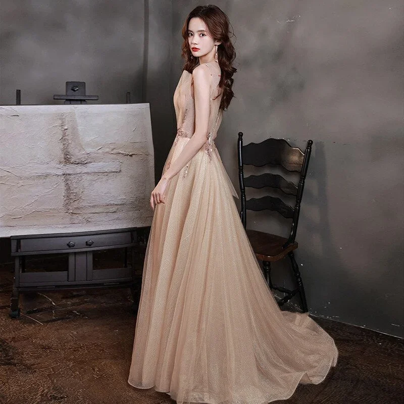 2022-champagne-evening-dresses-v-neck-sleeveless-elegant-party-train-dress-banquet-lace-up-tulle-gowns-formal-prom-vestidos