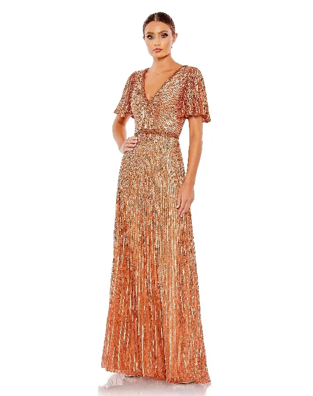 Embellished V Neck Butterfly Sleeve Column Gown