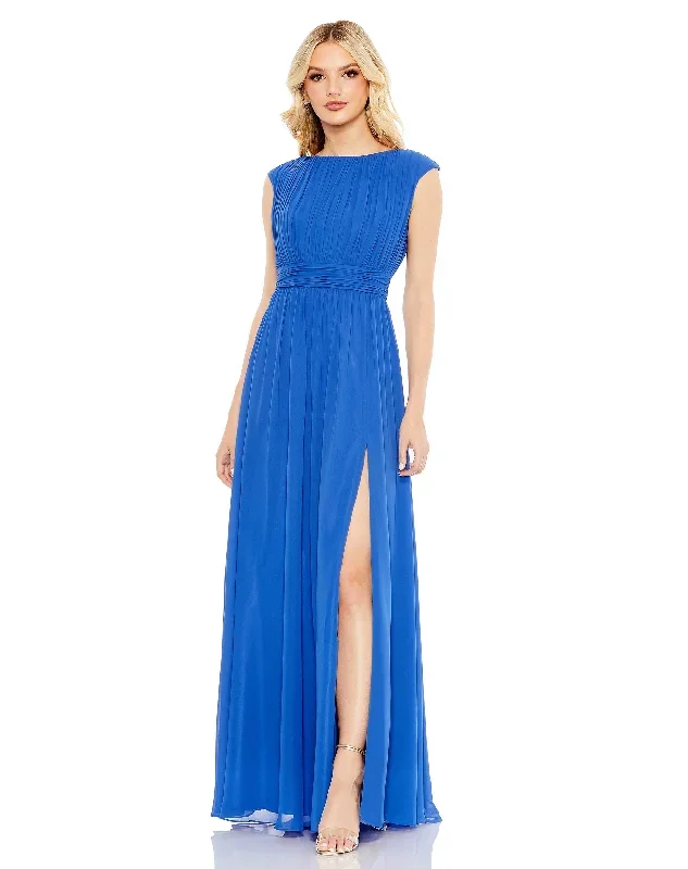 Pleated Bateau Cap Sleeve A Line Gown