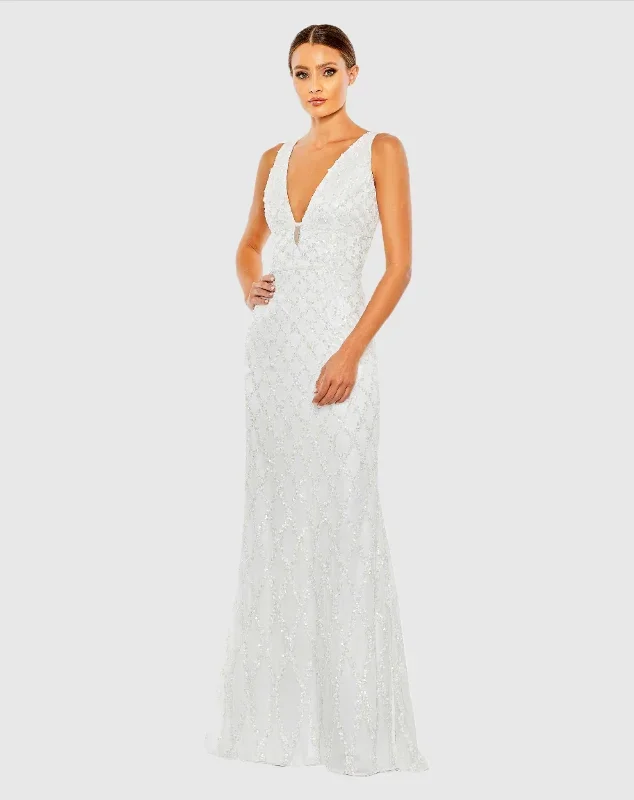 Sequined Plunge Neck Sleeveless Column Gown - FINAL SALE