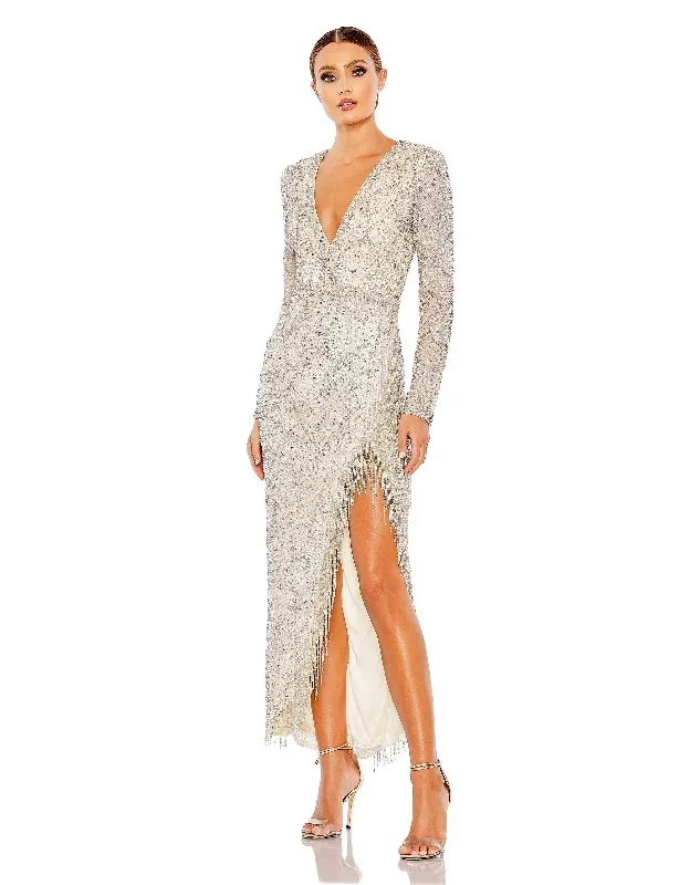 Embellished Long Sleeve V Neck Beaded Hem Gown