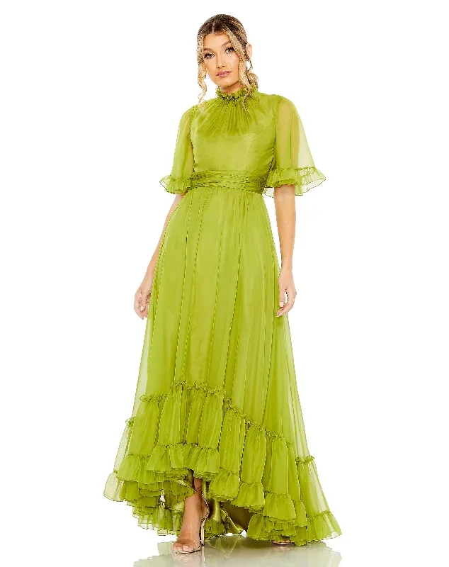 Ruffled High Neck Flutter Sleeve High Low Hem Gown