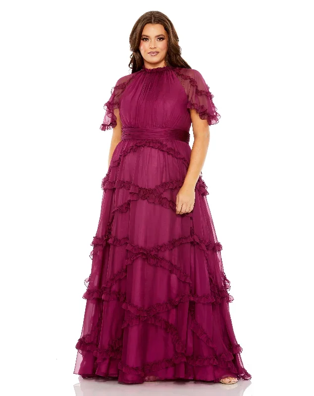 High Neck Ruffle Tiered Flutter Sleeve Gown