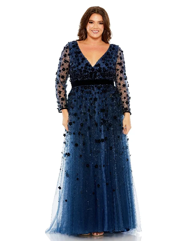 Floral Applique Long Sleeve A Line Gown