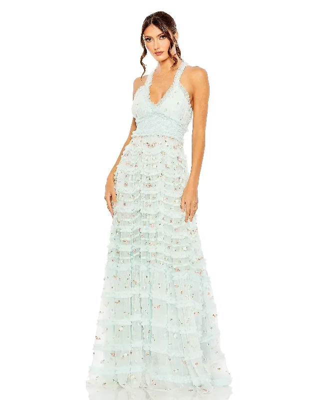 Cross Back Smock Waist Floral Embroidered Gown