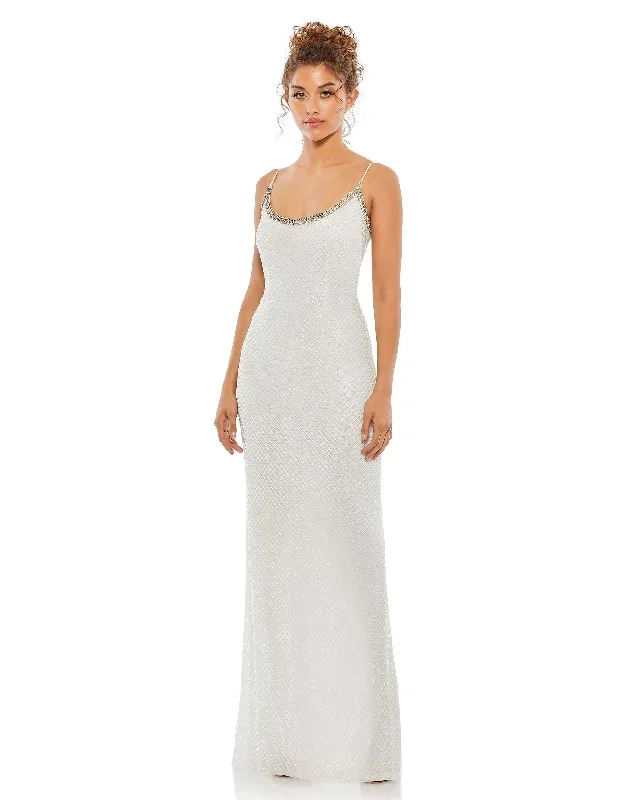 Beaded Spaghetti Strap Column Gown