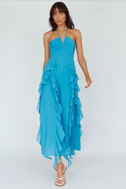 Asiah Ruffle Trim Halterneck Maxi Dress Cerulean Blue