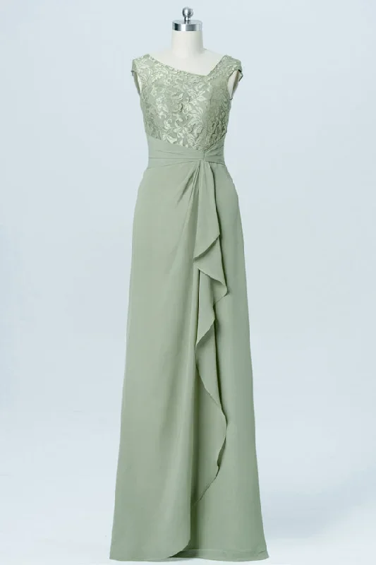 Asymmetrical Neck Sage Green Lace Bridesmaid Dress