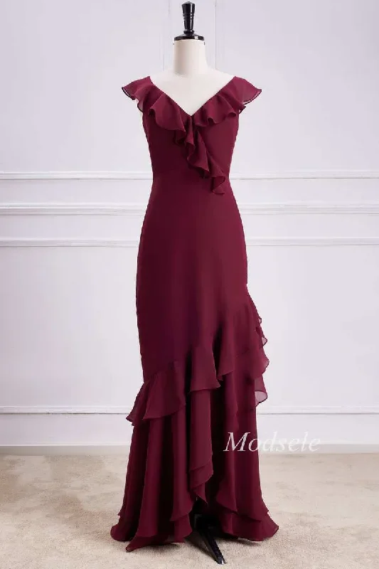 Asymmetrical Tiered Ruffle V-Neck Chiffon Bridesmaid Dress