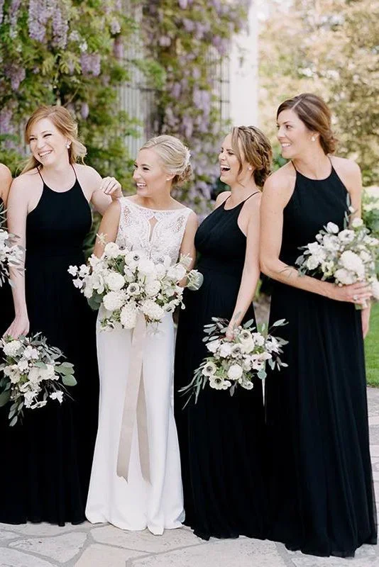 Spaghetti Straps Long Black Bridesmaid Wedding Party Dress