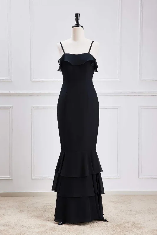 Black Straps Ruffle Multi-Layer Chiffon Maxi Dress