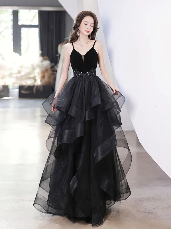 Black V Neck Tulle Long Prom Dresses, Black Formal Evening Dress