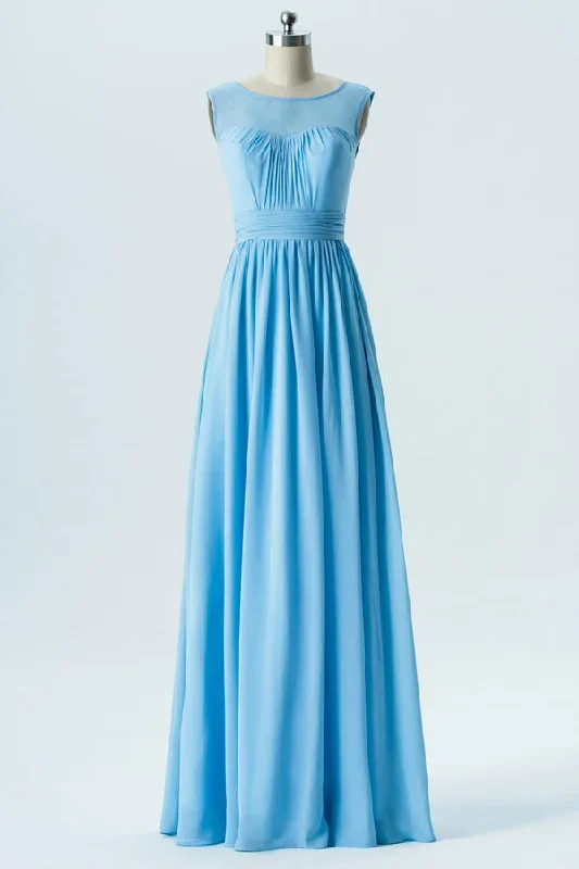 Blue Chiffon Sweetheart Backless Bridesmaid Dress