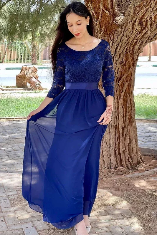 Blue Round Neck Half Sleeve Long Bridesmaid Dress