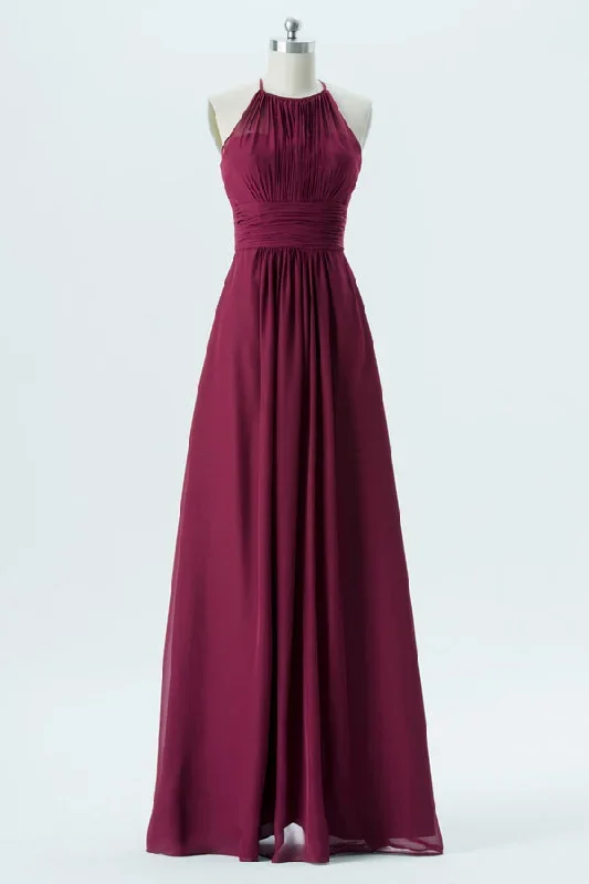 Burgundy Halter Open Back Long Bridesmaid Dress