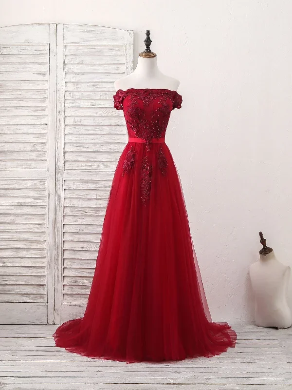 Burgundy Off Shoulder Tulle Lace Applique Long Prom Dress, Evening Dress