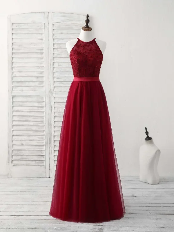 Burgundy Tulle Lace Long Prom Dress, Burgundy Bridesmaid Dress