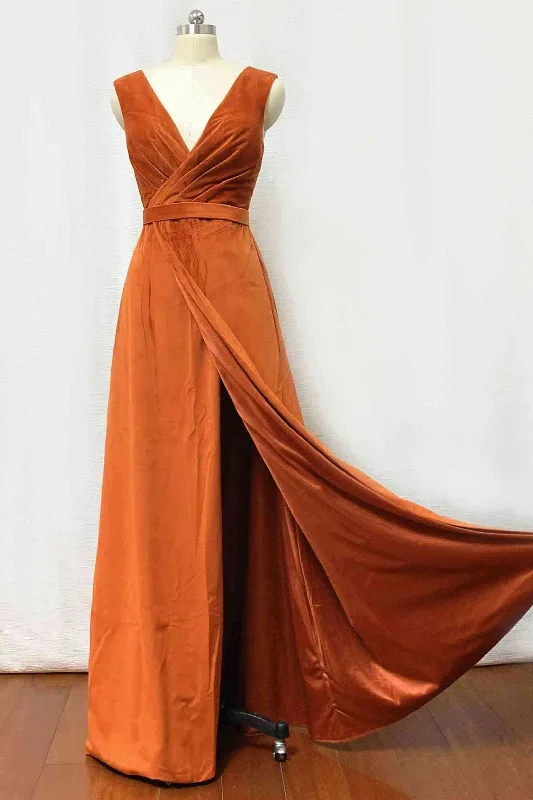 burnt-oramge-pleated-v-neck-velvet-bridesmaid-dress-with-belt