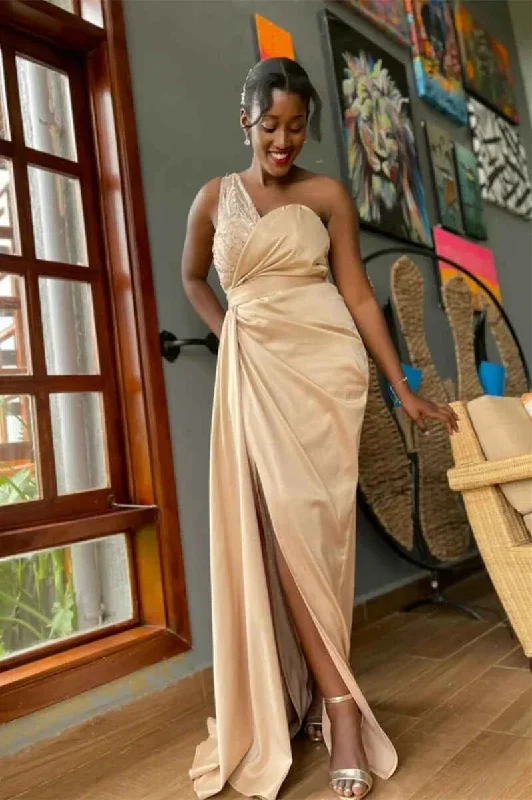 Champagne Satin One-Shoulder Long Bridesmaid Dress with Slit