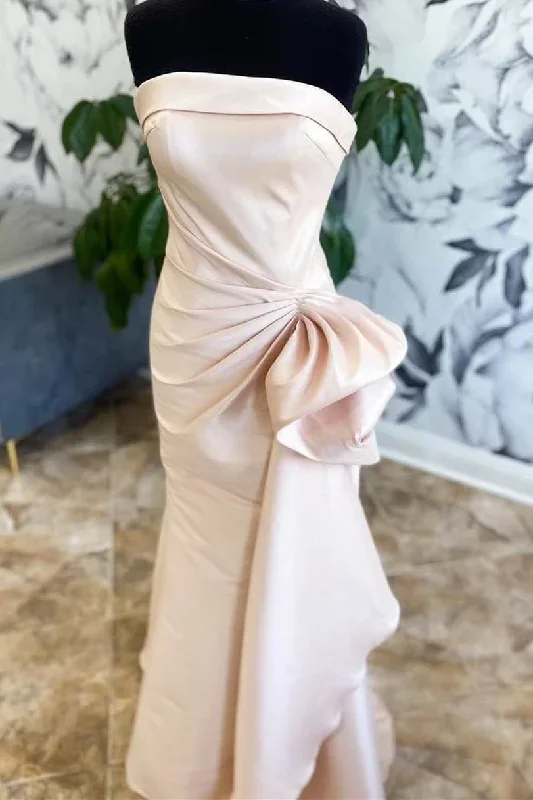 Champagne Strapless Ruffles Mermaid Long Bridesmaid Dress