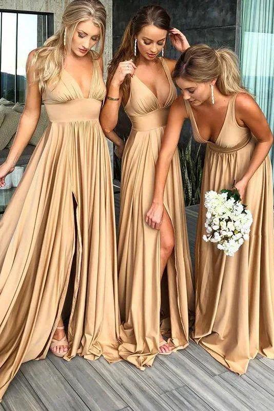 champagne-v-neck-long-bridesmaid-wedding-party-dress-with-slit