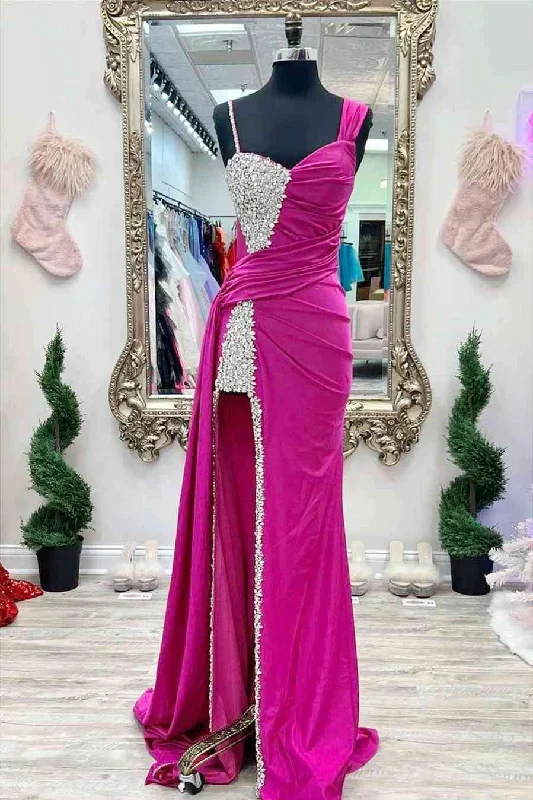 Chic Asymmertrical Fuchsia Beaded Long Porm Dress