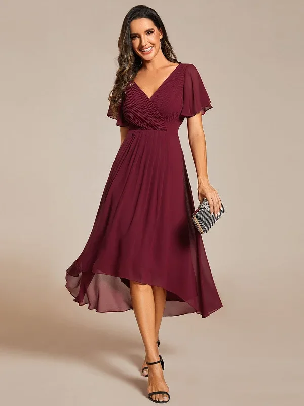 chic-v-neck-asymmetrical-hem-ruffles-sleeve-pleated-chiffon-wedding-guest-dress-eg01923