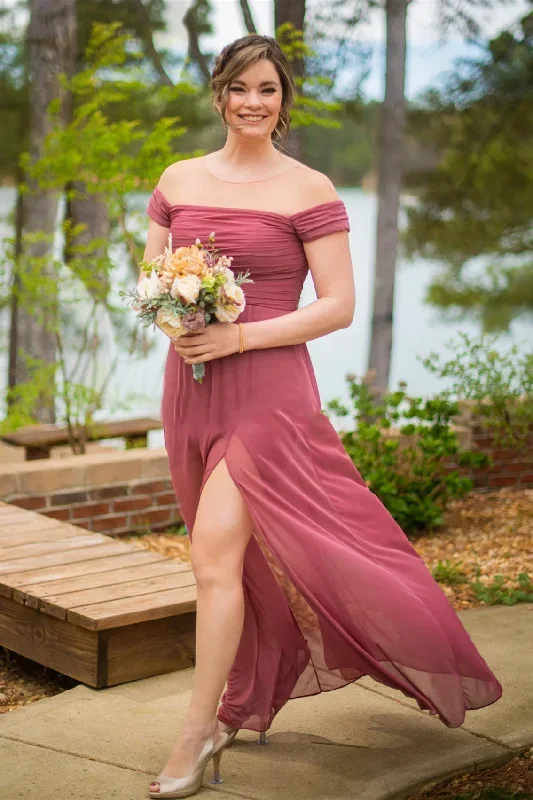 Chiffon Off the Shoulder Dusty Rose Pleated Bridesmaid Dress