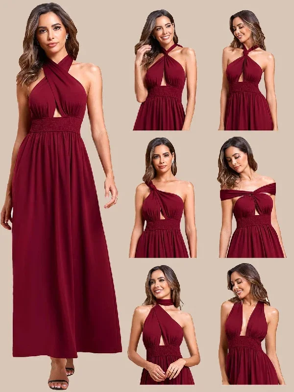 Convertible Halter A-Line Elastic Waist Tea Length Backless Bridesmaid Dress