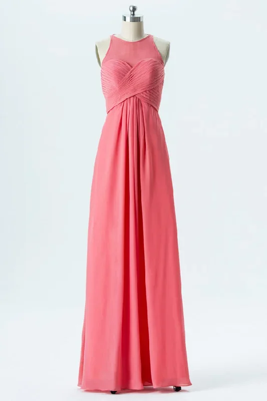 Coral Halter Pleated Chiffon Bridesmaid Dress