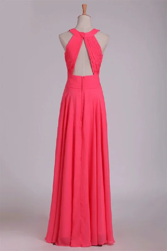 crew-neck-watermelon-chiffon-long-bridesmaid-dress