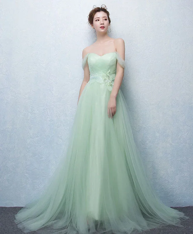 Cute Green Tulle Lace Long Prom Dress, Green Evening Dress