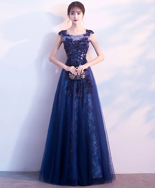 Dark Blue Lace Long Prom Dress, Lace Evening Dress