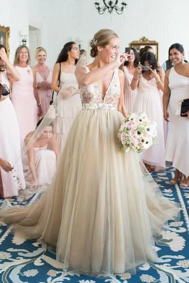 Long Deep V-Neck A-line Champagne Wedding Dress with Lace Top