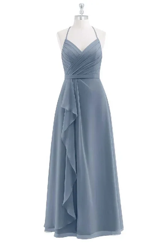 Dusty Blue Chiffon Halter Ruffled A-Line Maid of Honor Dress