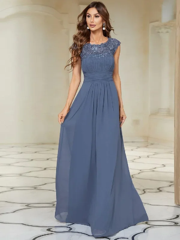 Elegant Maxi Long Lace Cap Sleeve Bridesmaid Dress