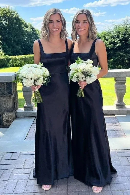 Elegant Square Neck Black Long Bridesmaid Dress