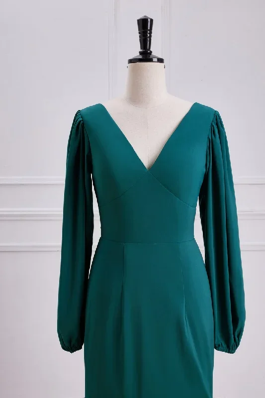 elegant-v-neck-emerald-green-mermaid-skirt-slit-bridesmaid-dresses