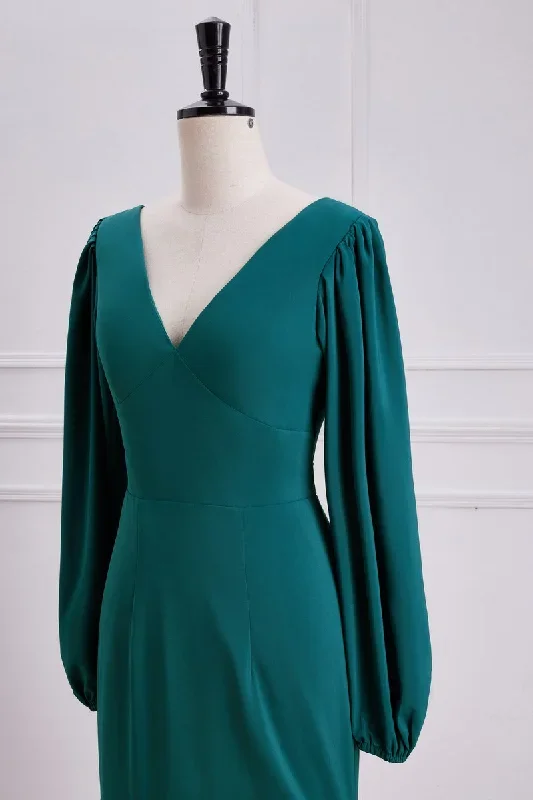 elegant-v-neck-emerald-green-mermaid-skirt-slit-bridesmaid-dresses