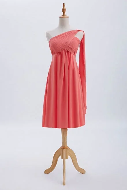 Empire Waist Coral One Shoulder Short Bridesmaid Dress