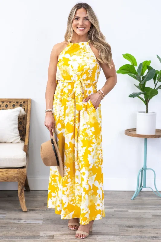 Gold And White Halter Neck Maxi Dress