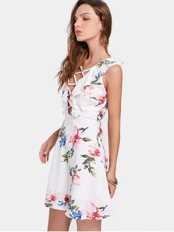 TastyHottie - Gorgeous Floral Print Criss Cross Ruffled Plunge Dress