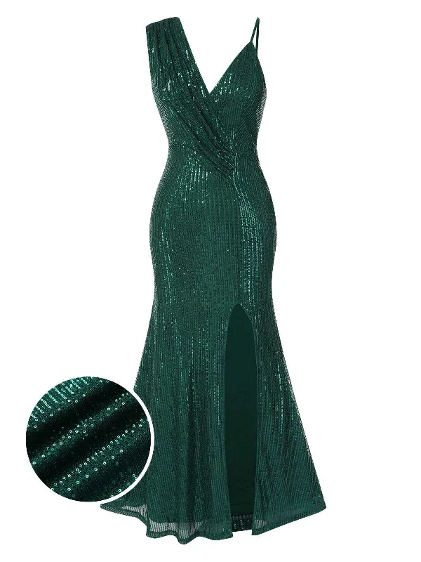 Green 1930s Sequined V-Neck Irregular Straps Dress