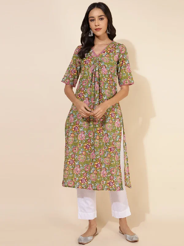 Green Cotton Floral Printed Straight Kurta