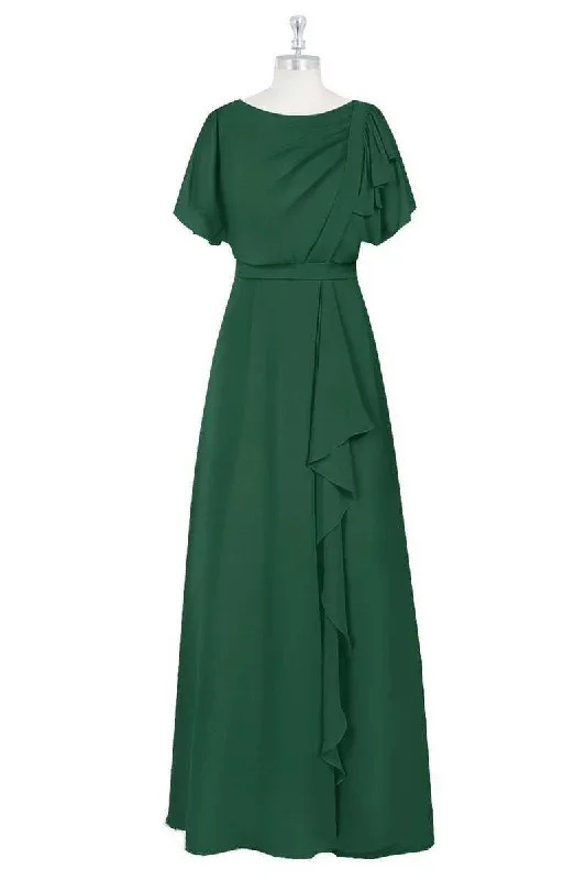 Green Crew Neck Short Sleeve Ruffled A-Line Bridesmaid Dress