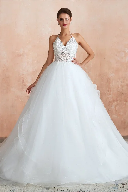 Long Halter A-line Ball Gown White Wedding Dress with Lace