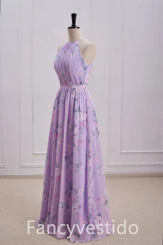 halter-purple-floral-print-a-line-chiffon-bridesmaid-dress