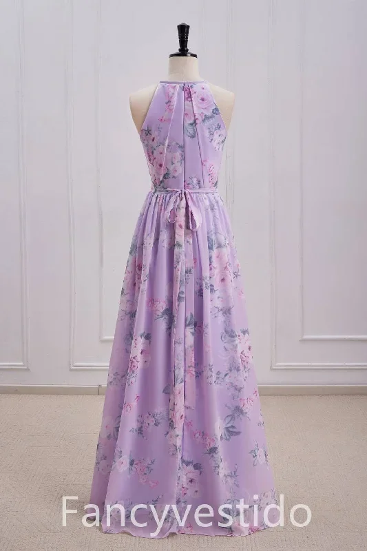 halter-purple-floral-print-a-line-chiffon-bridesmaid-dress